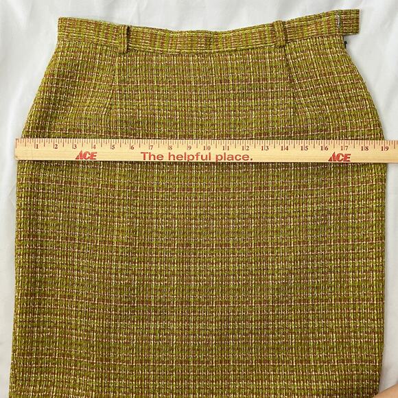 Vintage Tweed Pencil Skirt Suit Attributed Hugo Boss Green Brown White Size 6 - Picture 15 of 16